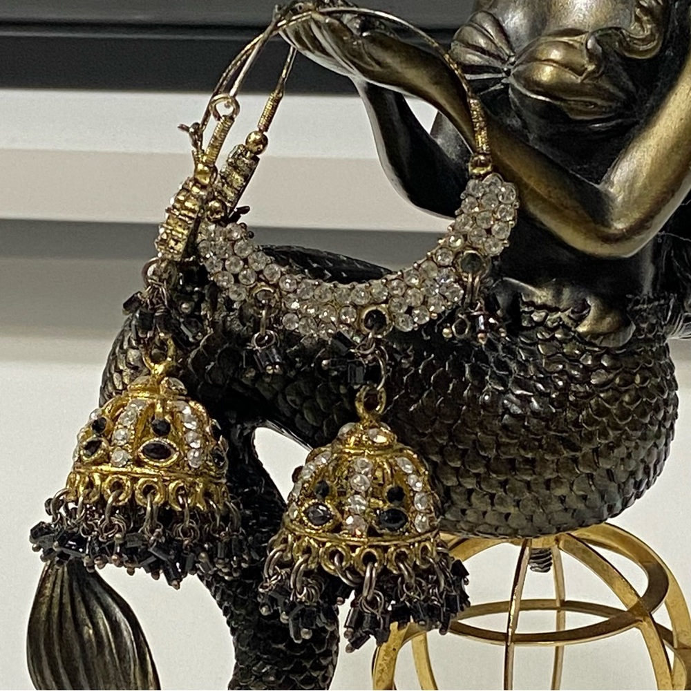 Vintage gold tone rhinestone and bead tassels dangle statement earrings. Used.